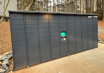 a black storage shed with a green screen door